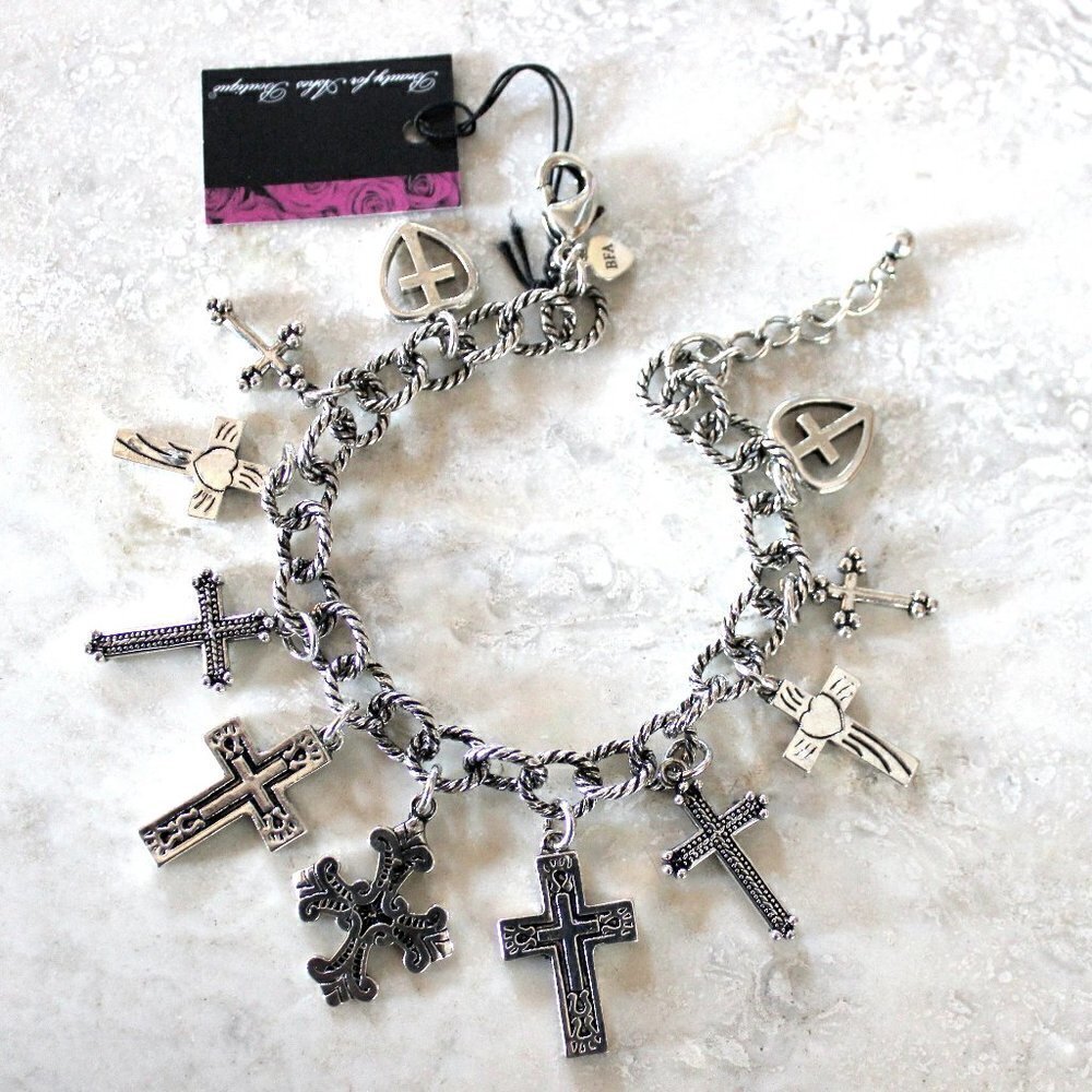 BFA Womens Girls Multi Ornate 11 Cross Charms Link Silver Heart Love Bracelet - Picture 5 of 13